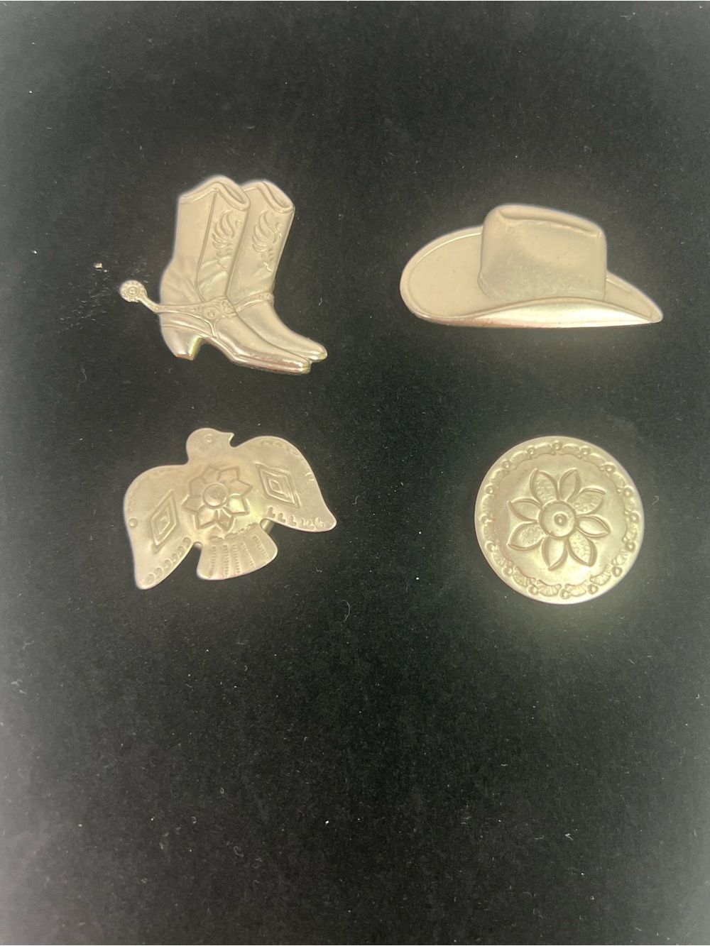 Vintage Western Button Covers Set of 4 Cowboy Hat Boots Flower Bow Silver Tone